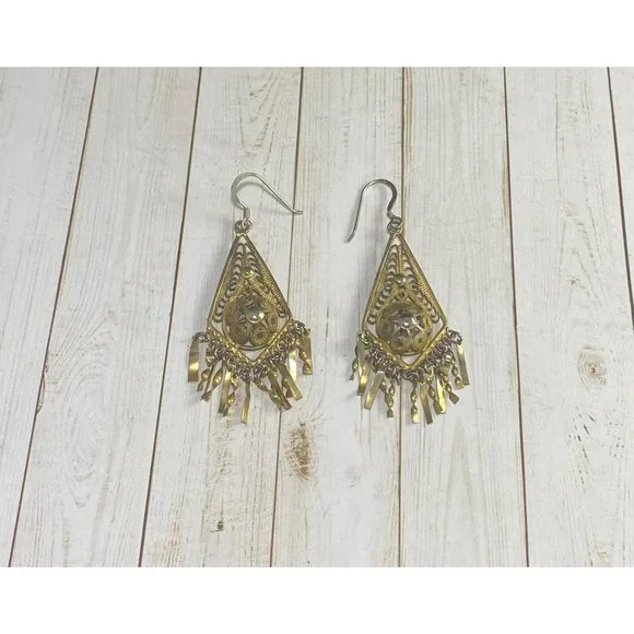 Vintage Victorian Filigree Dangle Earrings Vermeil Tone 925 Hooks - Picture 3 of 7